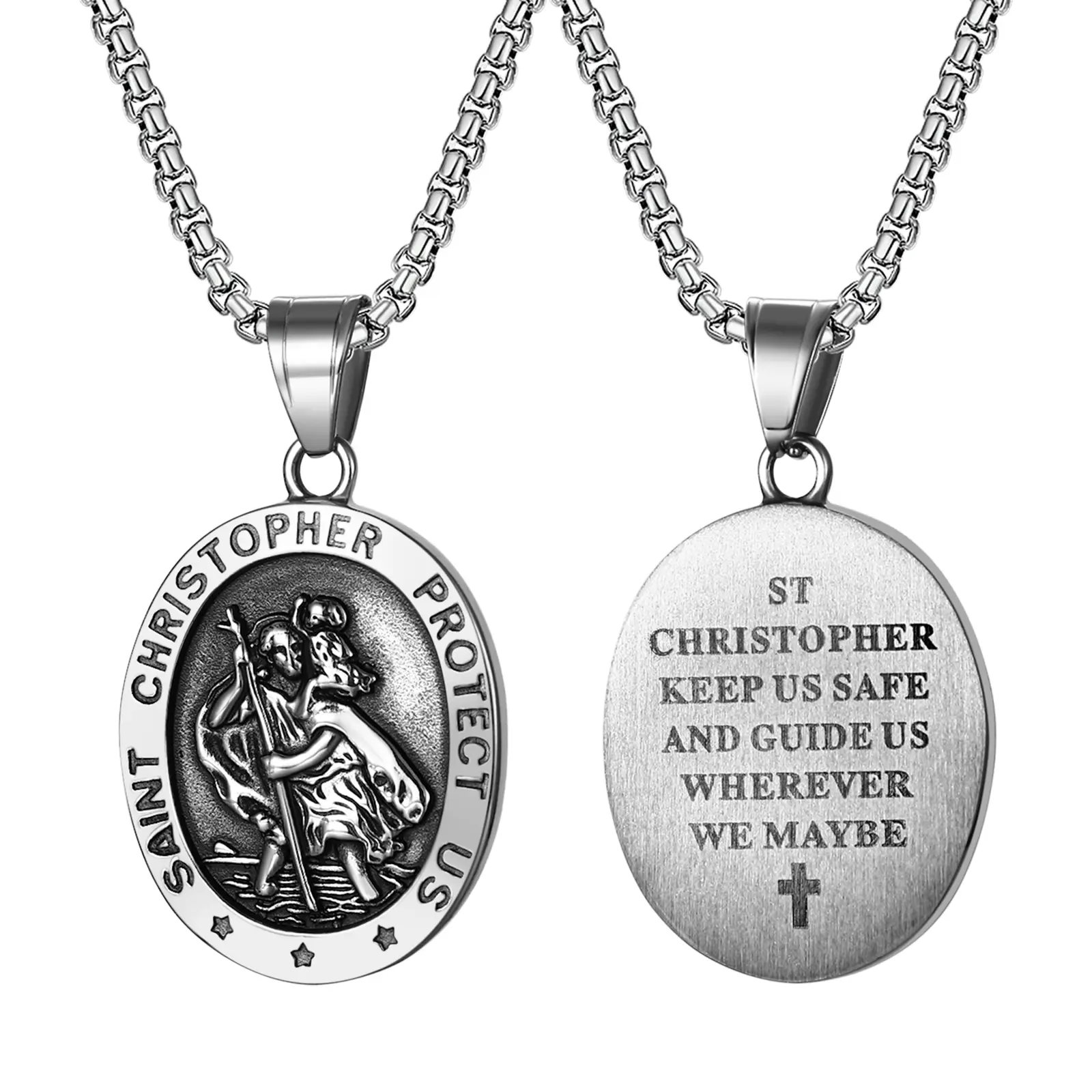 OIDEA Stainless Steel Necklaces, Unisex Engraved St. Christopher Cross Medallion, Patron Saint Amulet for Traveler Safety