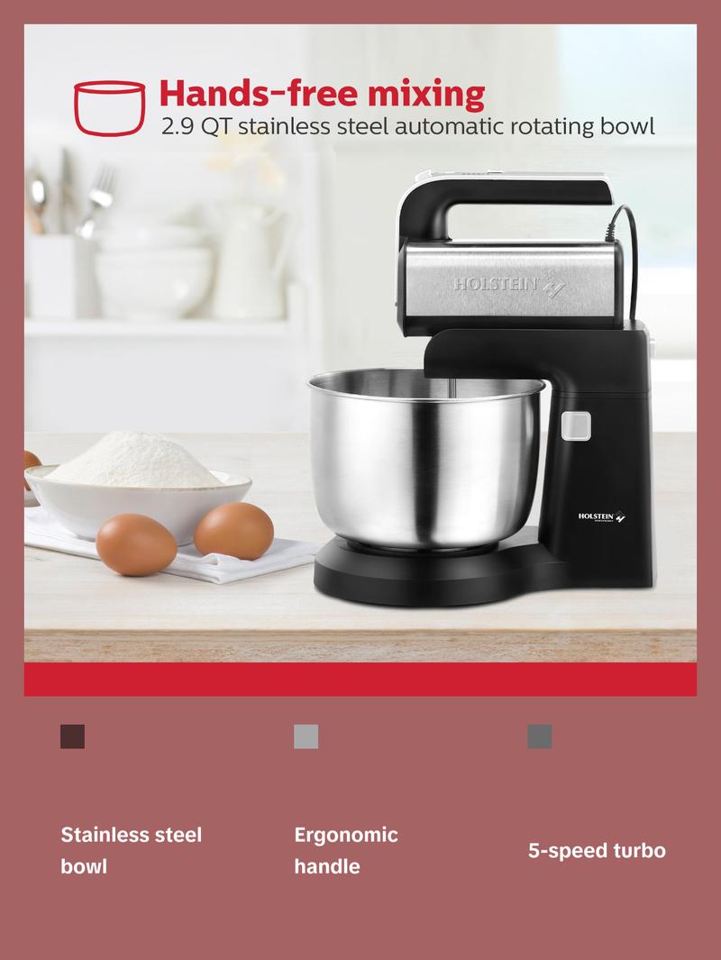 Holstein Housewares 5-Speed Hand and Stand Mixer with LED Light & 2.9QT Stainless Steel Bowl for Versatile Kitchen Use