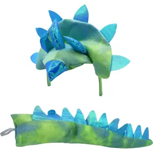Adult Triceratops Dragon 3 Horn Dinosaur Headband Tail Costume Accessory Set, Blue