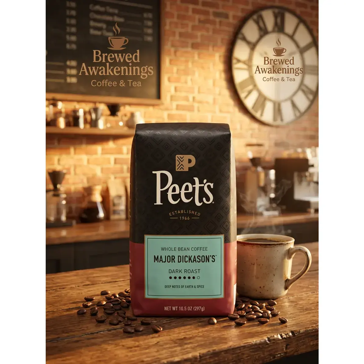 Major Dickerson Dark Roast Whole Bean Coffee Beans - Certified Organic 100% Arabica, Deep Notes of Earth & Spice, Espresso Compatible, Roasted Fresh to Order, 10.5 oz