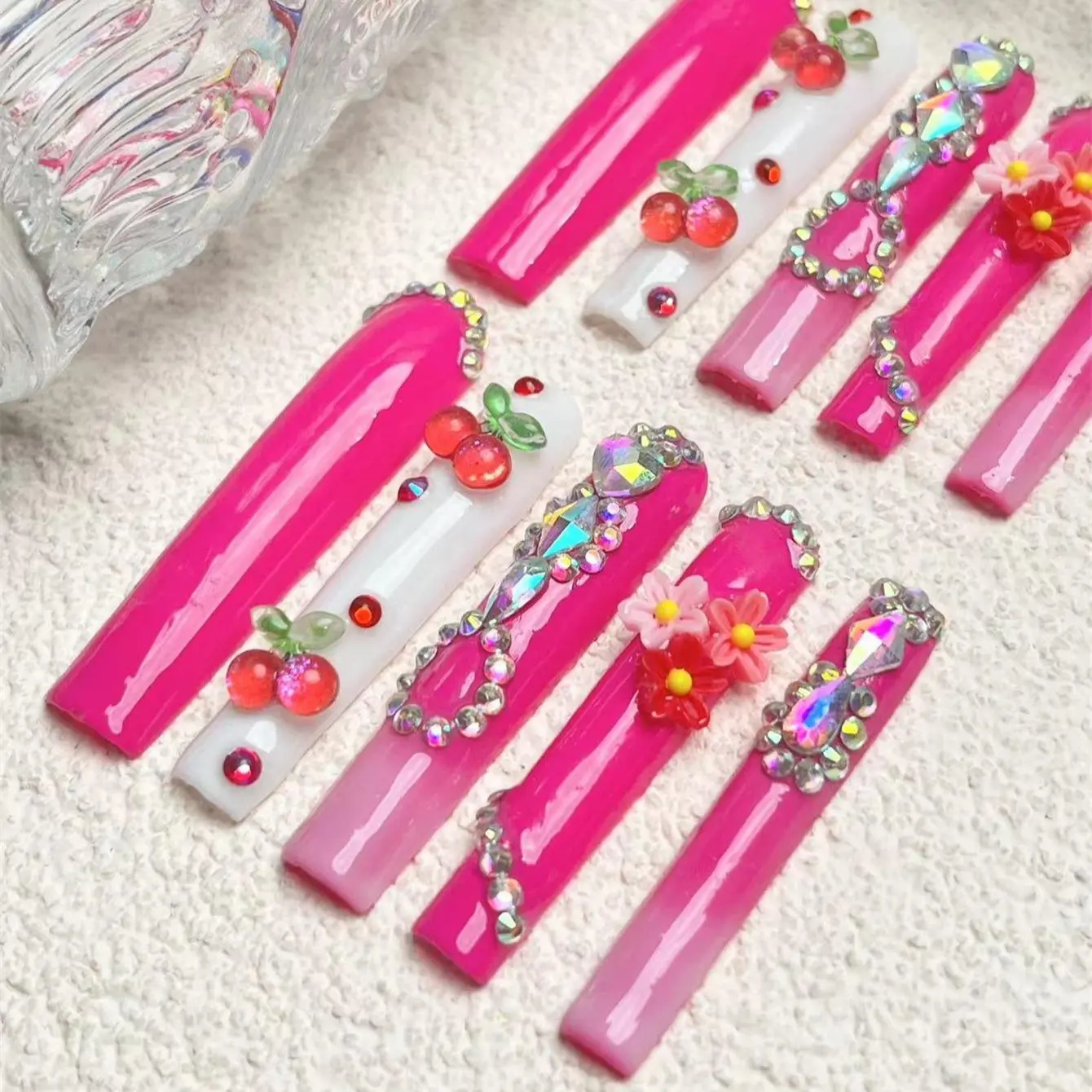 Extra Long Square Fake Nail with Accessories, 10pcs/set Rhinestone Decor Nails for Women & Girls DIY Nail Art, Elegant Stick on Nails Kit Flower Design Nails, Elegant Fashionable Rhinestone Decorated, Glittering Fake Nails, Decorative Nails
