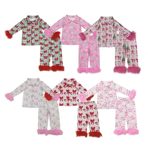 Girls' 2-Piece Modal Pajama Sets - Long Sleeve Top & Pants Pastel Cute Pajamas, Pink Fur Trim Christmas Winter Loungewear, Cozy Machine Washable Sleepwear