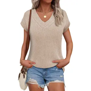 Saodimallsu Womens V Neck Short Sleeve Sweater Summer Lightweight Cap Sleeve Casual Loose Knit Pullover Tank Tops