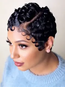 pixie cut wig pixie wig 13x4 frontal transparent lace  black  color short curly human hair wig daily party cosplay gift use remy hair wig for women  Party holidays gift wig