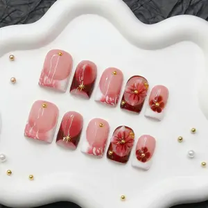 Divineluxe Nails｜10PCS 100% Handmade Press-On Nails｜Reusable Colorful Art Acrylic Stylish｜Blush Red Ombre Floral｜C041 0.8 Inch