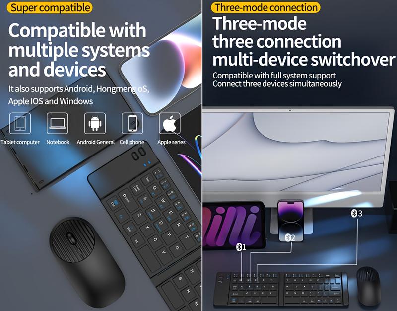 Foldable Tri-Mode Wireless Keyboard and Mouse Combo, Full-Size Silent Keyboard with Bluetooth/2.4G/Wired Connection, Rechargeable and Portable Design for Laptop, Tablet, Desktop, Boyfriend Gift