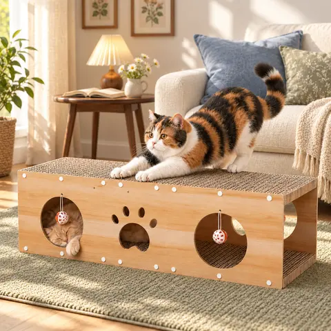 IRONCK 39-Inch Cat Scratcher House for Indoor Cats, Wooden Cat Scratching Box with Corrugated Cardboard Pads, Cat Tunnel Hideaway with Hanging Ball Toys, Spacious Cat Lounge for Kittens & Adult Cats