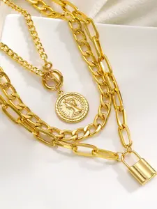 Fashion Lock & Embossed Portrait Design Pendant Necklaces, Vintage Layered Necklace, Fashion Jewelry for Party, Daily Decor
