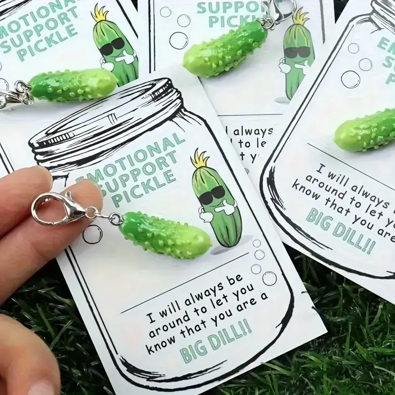 Emotional Support Pickle Keychain – Funny Stress Relief Gift for Friends, Anxiety Pickle Charm with Card