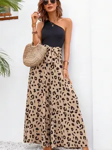 A set of women's casual leopard print single shoulder jumpsuit, high waist wide leg hanging feeling slimming jumpsuit, Womenswear, suitable for all seasons, suitable for home, indoor, outdoor wear