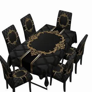 Black Gold European Elegant Design Dining Chair Covers and Tablecloth Set 5/7PCS