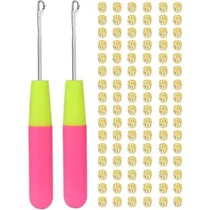 2PCS Crochet Hooks for Hair with 100 Pcs Gold Color Metal Decoration,Crochet Needles for Crocheting Braids Hair Extension Latch Hook Tool