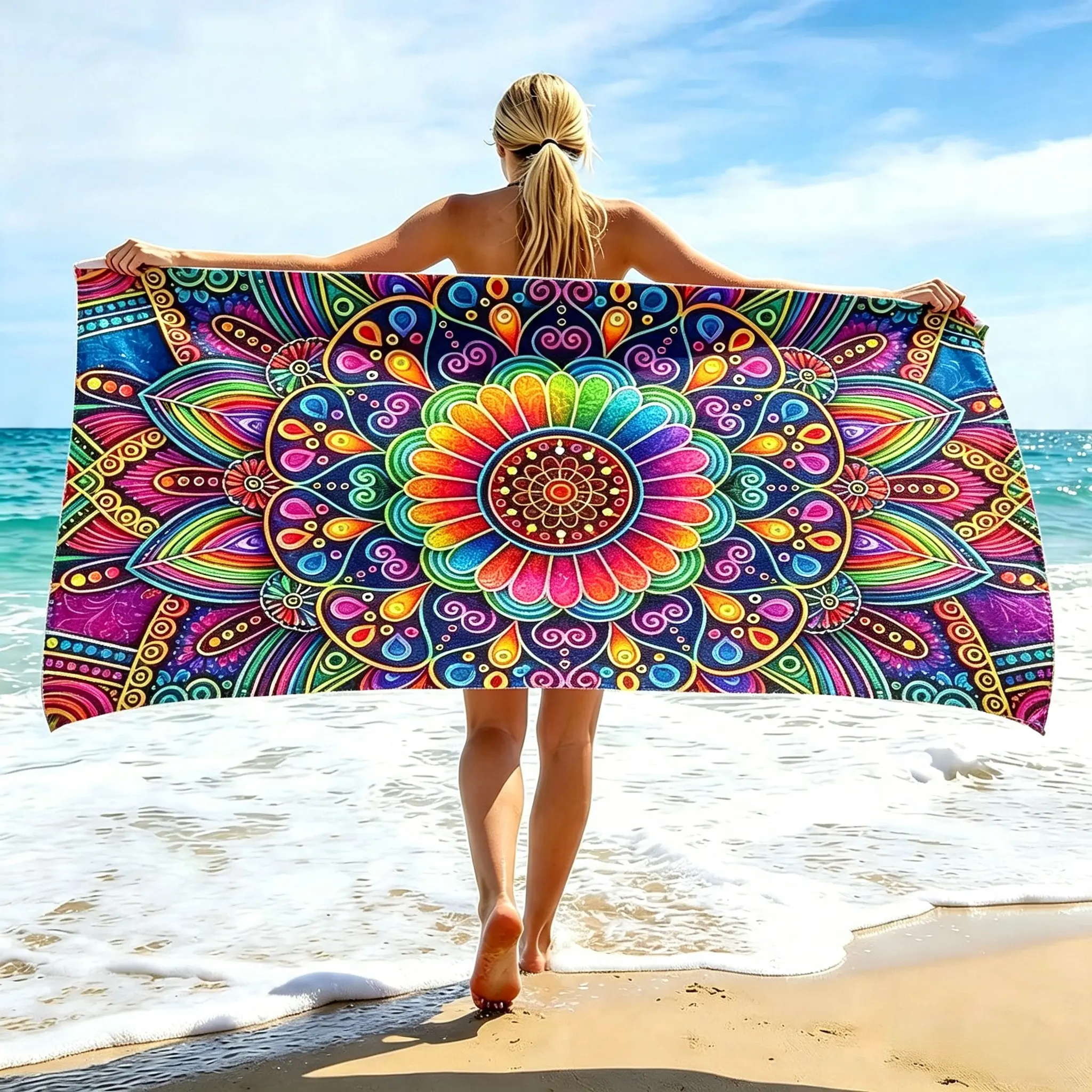 Bohemian Ethnic Print Ultra-Fine Fiber Beach Towel, Sand Resistant & Unisex, Highly Absorbent. Ideal for Beach Trips, Spas and Daily Bathing, Can Also Be Used as a Throw Blanket. bath Hand Microfiber