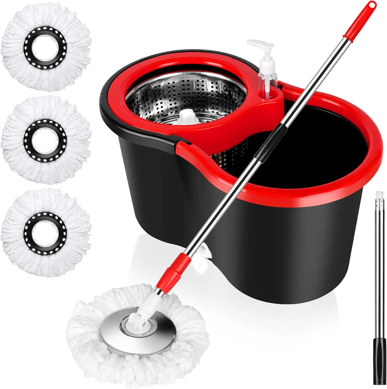 Spin Mop and Bucket with Wringer Set, 3 Microfiber Mop Heads, 61" Handle | 360° Spinning Mop System with Stainless Steel Adjustable Handle & 3 Microfiber Replacement Heads for Floor Cleaning