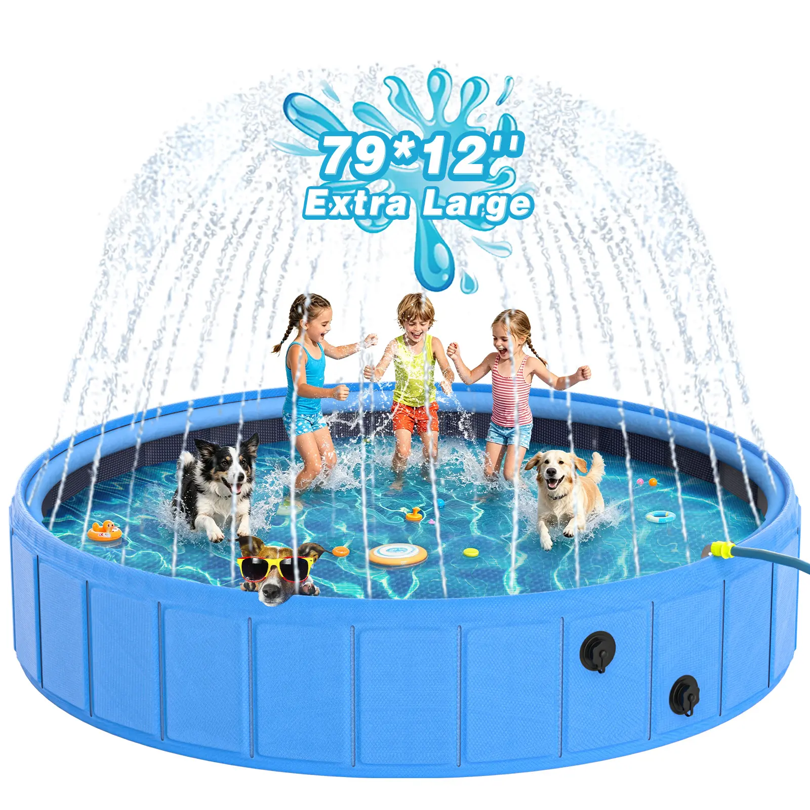 79" Foldable Dog Pool with Sprinkler, Large Portable Pet Swimming Pool, Heavy Duty PVC Splash Pool for Backyard Summer Fun