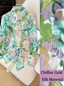 Plus Size Women's Floral Vacation Print Single Button Waist Twist Long Sleeve Woven Fitted Blouse Shirt, Casual Fashion Top for Spring & Fall Seasons