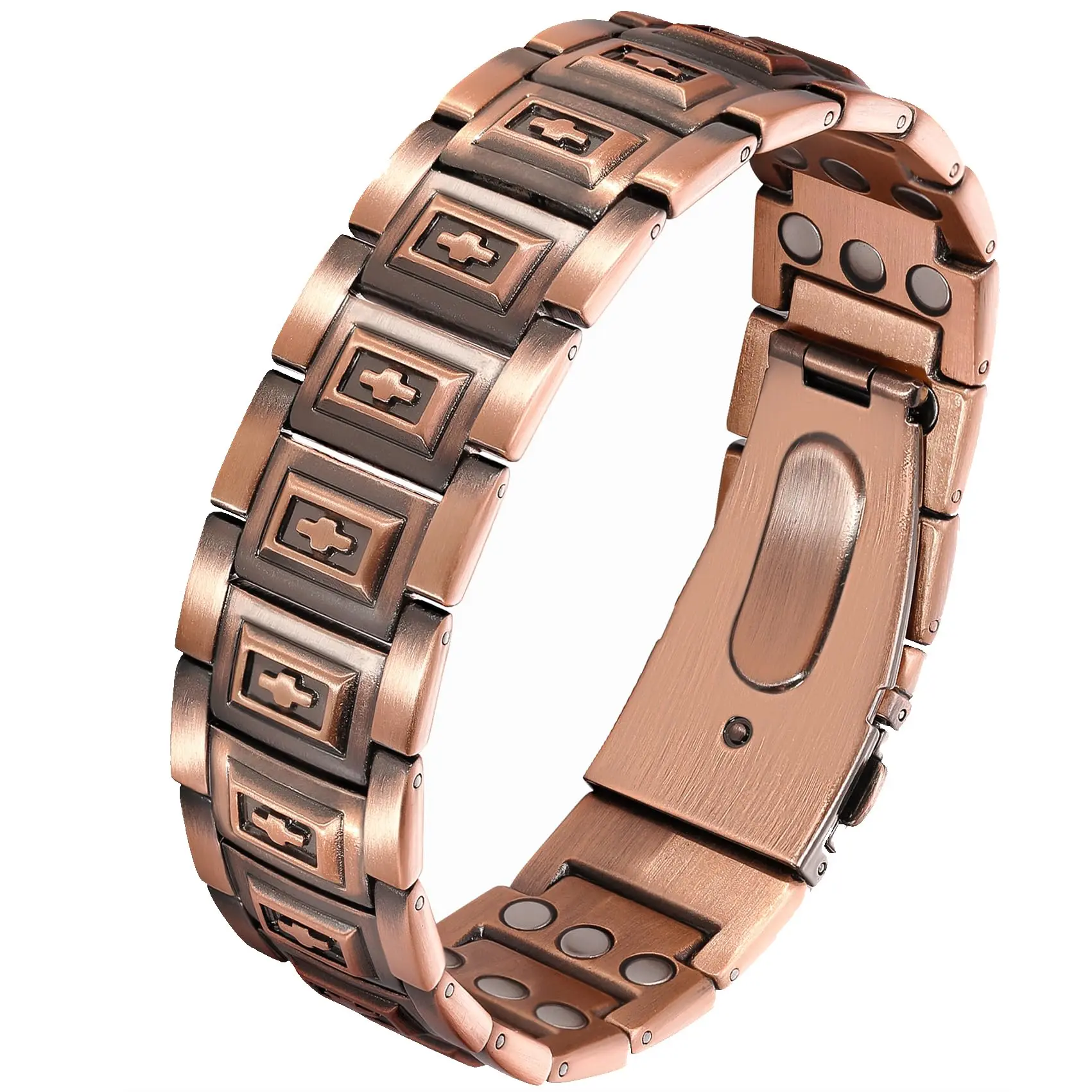 Men's Copper Magnetic Bracelet with Cross Pattern, Adjustable 9.05" Heavy-Duty Link Wristband with 57 x 3800 Gauss Magnets, Bracelet Wristband