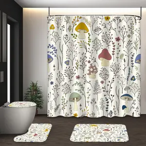 LVRLVR 4Pcs Mushroom & Wildflower Print Cottagecore Botanical Multi-Color Shower Curtain Set 70.8×70.8 Inch