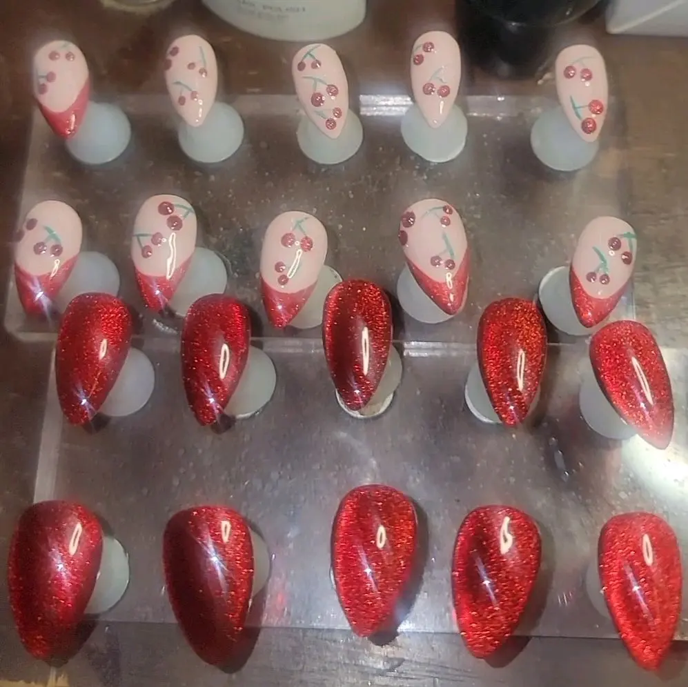 Reusable, Gel Cherry Red Cateye Press On Nails with French Tip and Cherry Details Sparkly Red Design