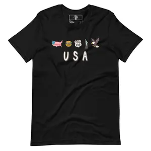USA Icons Graphic Tee - American Flag Map, Route 66, Bald Eagle, Statue of Liberty Shirt