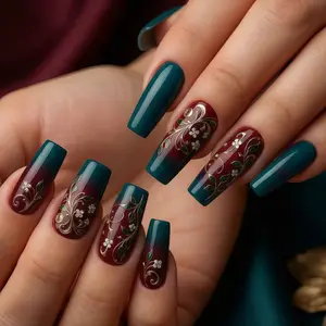 Vintage Palace Style 3D Rhinestone Embellished Flower Design Wine Gradient Wearable Nail Art, Fashion Accessory for Stylish Look
