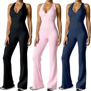Women's Sexy Backless Yoga Onesie - Stretchy Workout Jumpsuit with Hanging Neckline Non-See-Through Slim Fit for Gym Pilates Lounge All-Season Sporty Comfy Activewear