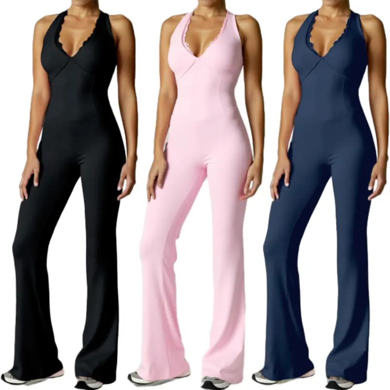 Women's Sexy Backless Yoga Onesie - Stretchy Workout Jumpsuit with Hanging Neckline Non-See-Through Slim Fit for Gym Pilates Lounge All-Season Sporty Comfy Activewear