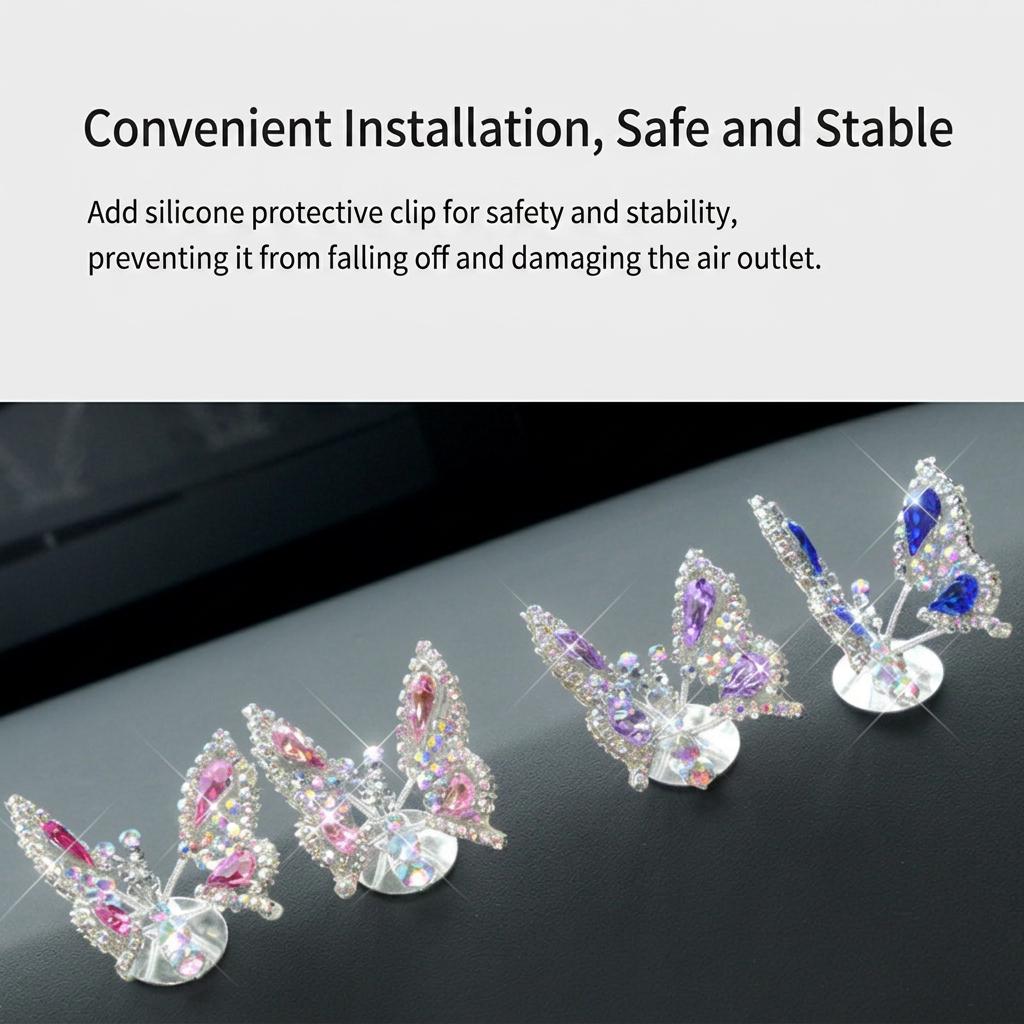 Dynamic Rhinestone Butterfly Car Decor Set, Bling Auto Dashboard Ornament & Air Vent Clip, Cute Car Interior Accessories for Women