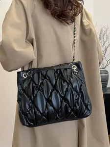 Women's Quilted Rhombus Leather-Like Shoulder Tote Bag | Multiple Colors | Chain Strap | Large Capacity | Casual & Versatile | Ideal for Daily Use, Dating & Gifting