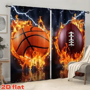 2D Flat 2Pcs Flaming Basketball & Football Printed Curtain Panels, Lightning Sports Theme, Rod Pocket Style, Semi Sunshade Polyester Fiber, for Home Living Room Bedroom Balcony Kitchen Study Window Decor, Anti-Privacy, Decoration .