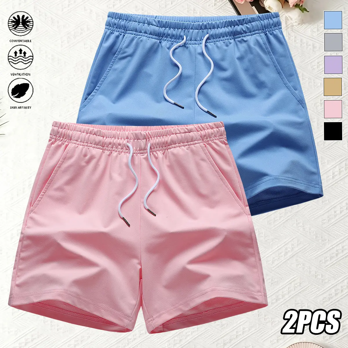 Women's 2-Pack Solid Athletic Casual Short Pants with a Mid Waist, Drawstring Belt, and Pockets for Gym Workouts and Lounging, Sporty Shorts