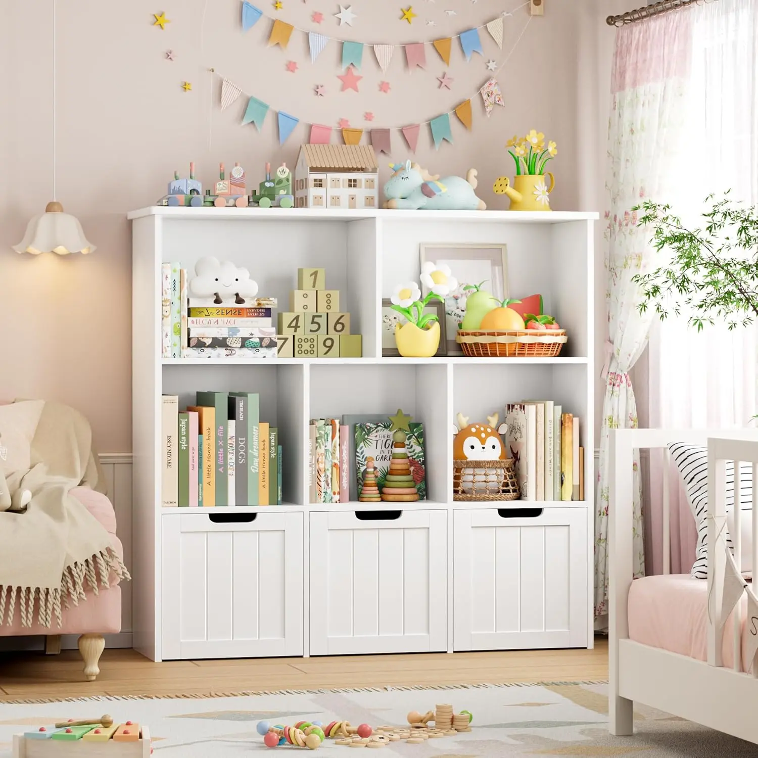 FOTOSOK Toy Storage Organizer with 3 Movable Drawers, Toy Organizer with Hidden Wheels and 5 Open Cubbies, Multifunctional Floor Storage Chest for Playroom