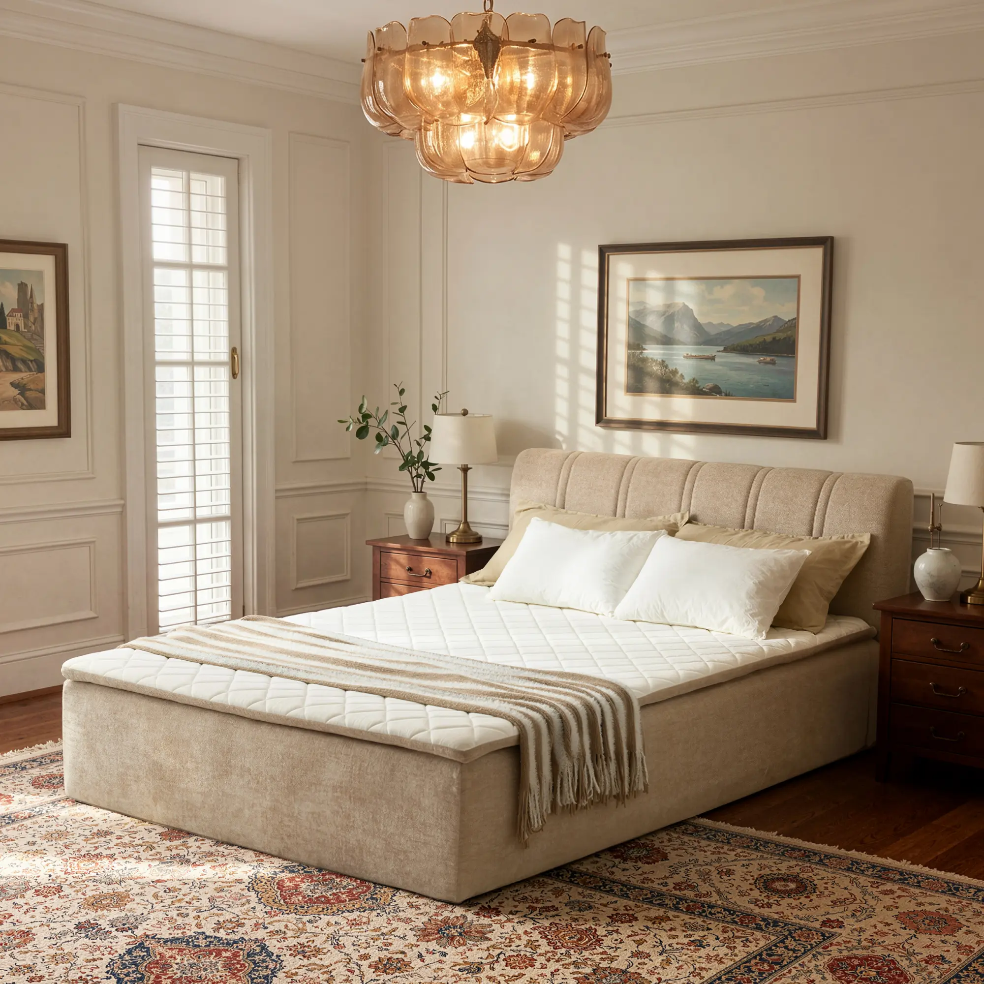 ALLWEX Soft Platform Bed Frame Combo - 61" Queen Size - Chenille Fabric, Included 6-Layer Hybrid Memory Foam & Pocket Springs Mattress, Compression Frame in Box, Easy Setup & Assembly, Soft Bed Frame