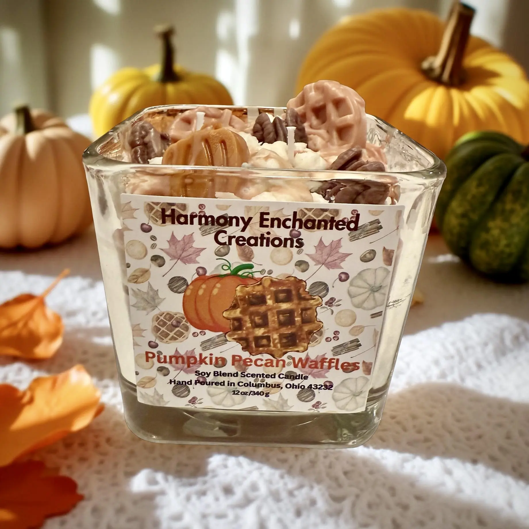 Harmony Enchanted Creations 12oz Pumpkin Pecan Waffle Candle Soy Blend Scented Hand Poured in Columbus Ohio 43232 Aroma Decor Cozy Fragrance Ornaments Perfume