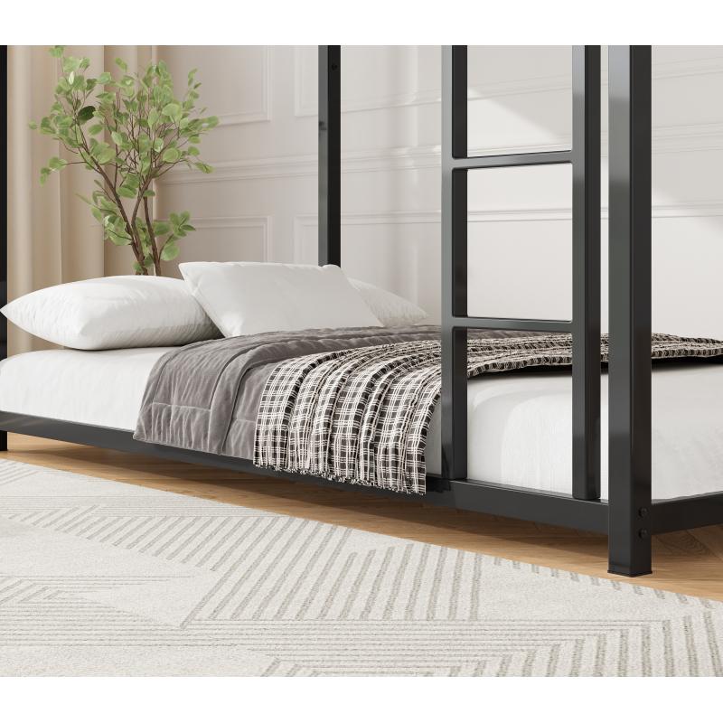 Twin Over Twin Metal Bunk Bed, Low Bunk Bed with Ladder, Black, Sturdy Steel Construction, Safe Design, Easy Assembly, 250lb Upper Bed Capacity, 350lb Lower Bed Capacity