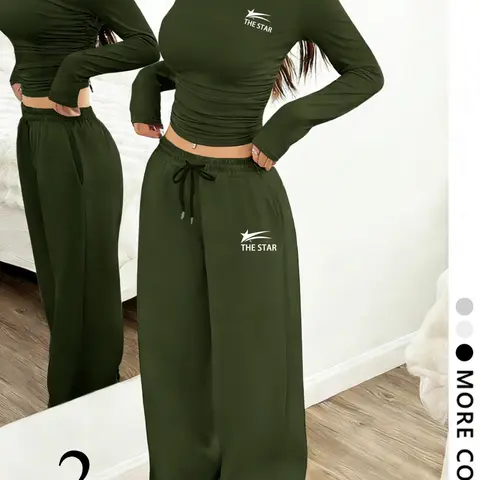 Women's 2-Piece Casual Set, Sporty Casual Wear, Yoga clothes set, High-stretch, breathable fabric with THE STAR print, Slim ruched long-sleeve top + loose drawstring wide-leg sweatpants, Multiple colors, Casual for yoga, daily outings