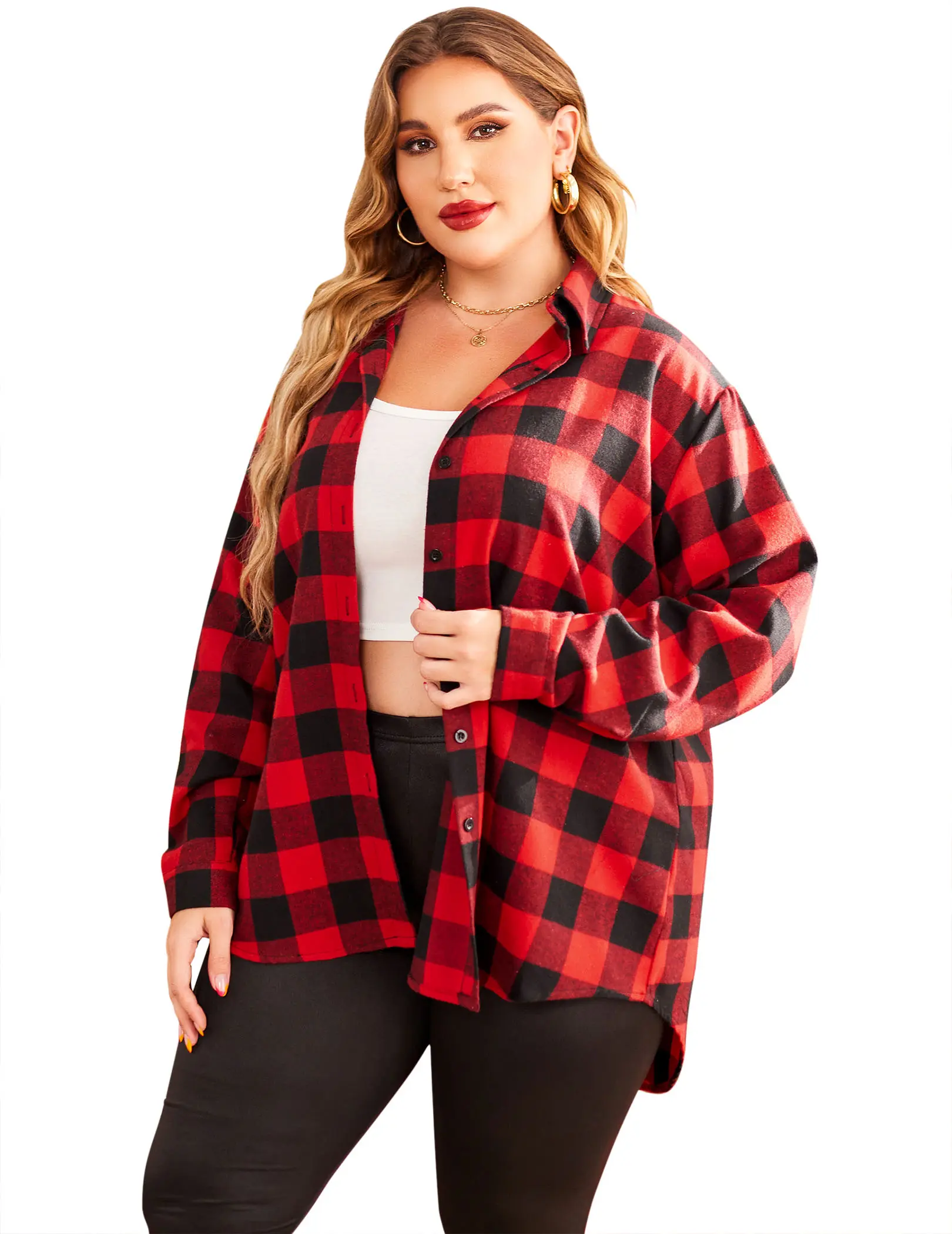 Women's Plus Size Plaid Flannel Shirt, Comfy Casual Boyfriend Style Button Down Top with Long Sleeves and Polo Collar, Yarn, Thin