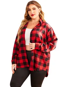 Womens Plus Size Flannel Plaid Shirt Roll Up Long Sleeve Mid-Long Button Down Shirts Casual Boyfriend Tops Spring Womenswear Blouse Autumn