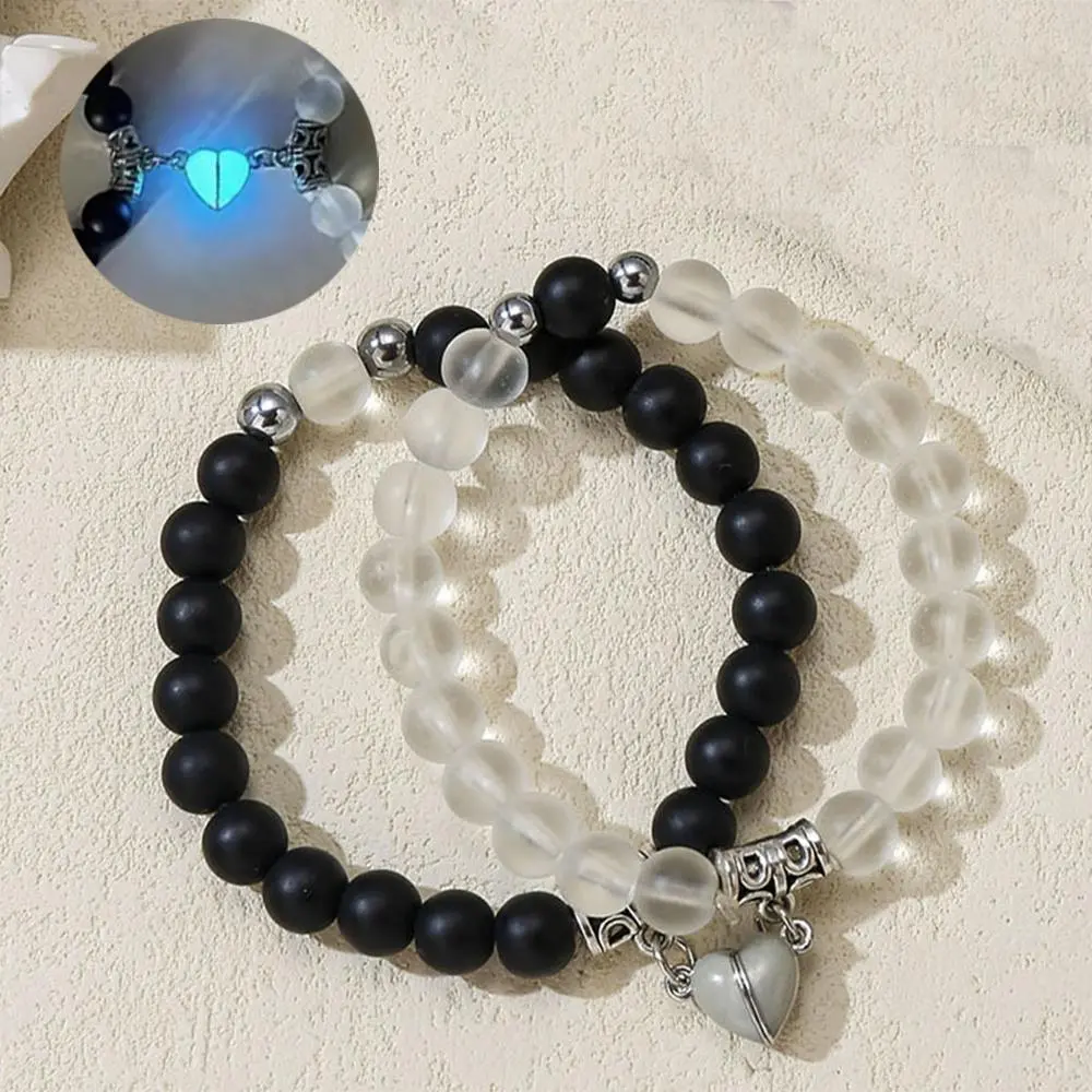 2Pcs Couple Bracelets Set, Luminous Love Heart Charm with Stainless Steel Beads, Minimalist Elastic Chain, Anniversary Gift for Girlfriend, Gifts For Girlfriend, Gf Gift