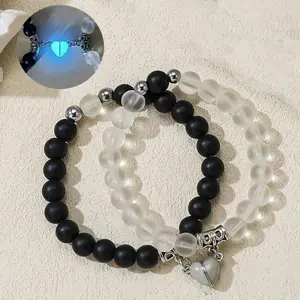 2Pcs Vintage Love Heart Luminous Couple Bracelets Set Stainless Steel Handmade Accessories Elastic Beads Minimalist Glow-in-the-Dark Heart Anniversary/Christmas Wear Chain Valentine's Day Gifts