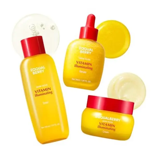 Eqqualberry Brightening Skincare Set, 3-Piece Korean Skincare with Toner, Serum, and Cream for Dark Spots and Uneven Skin Tone, Vitamin C, Unisex, Adults, Soft Skin, All Skin