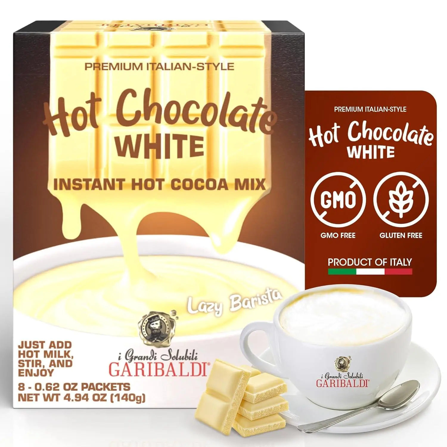 Cafe Garibaldi Premium Dark Hot Chocolate - Organic Instant Cocoa Mix with Dark Cacao Powder, Fair Trade, Gluten-Free, & GMO-Free, 8 Servings x 0.62oz Packets, Ideal Italian Hot Chocolate Gift