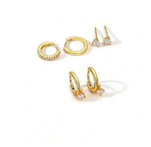 Dainty Everyday Earring Set Stackable Huggie Hoops and CZ Stud Earrings Gift Set in 18K Gold Plated Sterling Silver women