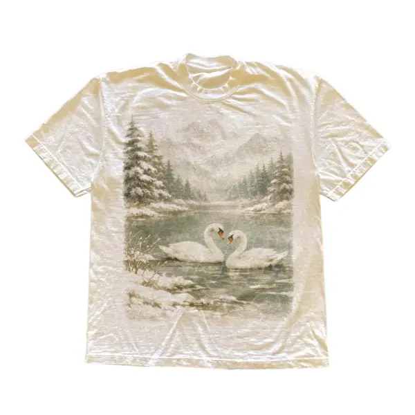 Women's Fitted Printed Vintage Graphic Tee, Romantic Swan Nature Art Design, Cottagecore Wildlife Unisex Streetwear Top, Casual Cotton Crewneck Short Sleeve Trendy T-Shirt - Swan Lover Gift