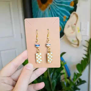 Tan Checkered Glass Bead Earrings