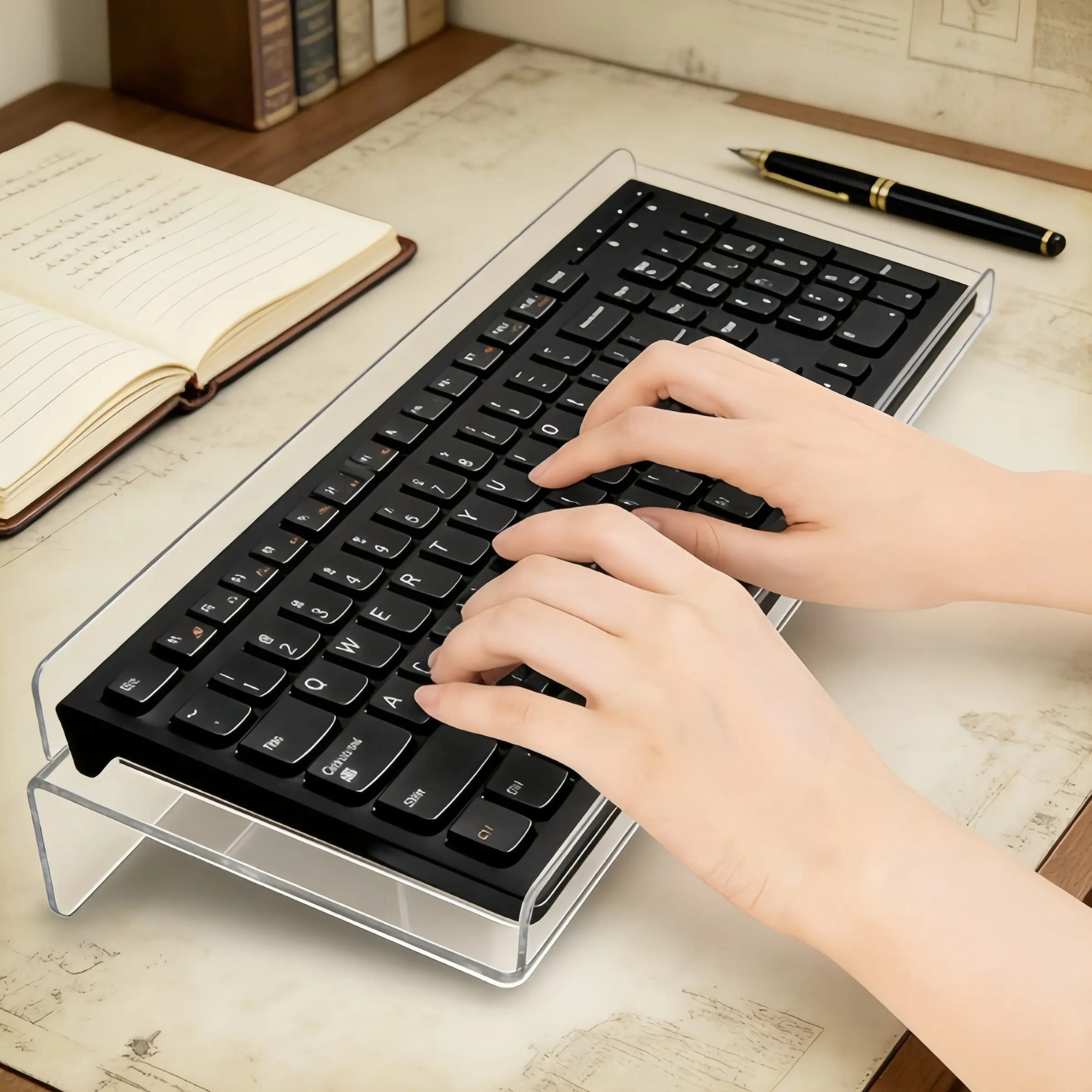 Incline Computer Acrylic Keyboard Stand Holder No-Drill Installation Computer Desktop ...