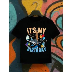 Celebrate Your Special Day with Italian Brain Rot Pattern Birthday T-Shirt Featuring "Its My Birthday" Letter Print Crew Neck Top in Regular Fit Ideal for Sports Outdoor Activities and Gift Giving