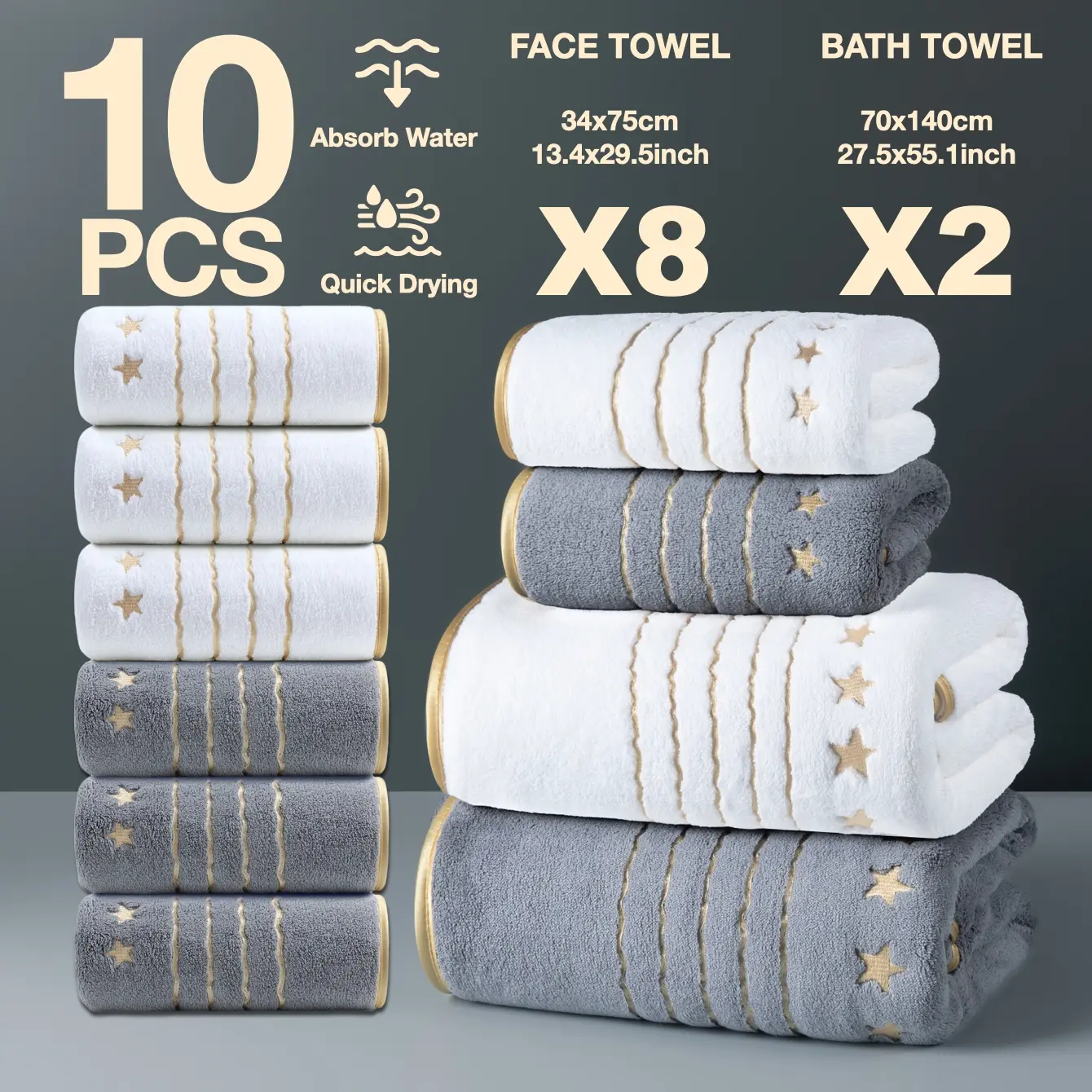 Luxury Gold Thread Embroidered Premium Towel Set, 10 Pieces, 2 Bath Towels 140x70cm + 8 Hand Towels 74x34cm, Quick-Dry Absorbent Microfiber