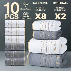 Luxury Gold Thread Embroidered Premium Towel Set, 10 Pieces, 2 Bath Towels 140x70cm + 8 Hand Towels 74x34cm, Quick-Dry Absorbent Microfiber