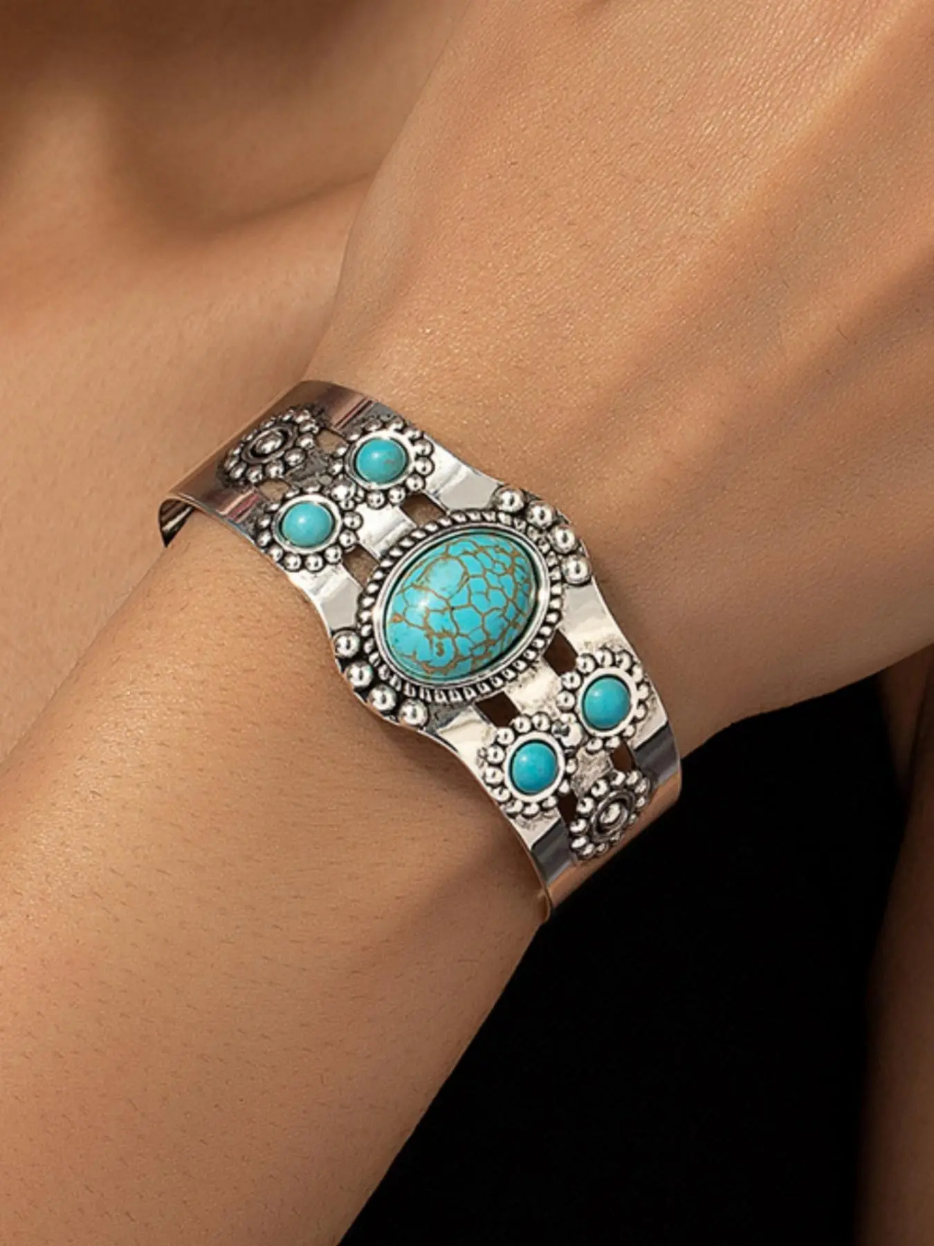 Vintage Turquoise Decorated Cuff Bangle, Elegant Jewelry for Party, Daily Clothing Decor, Trendy All-match & Exquisite Jewelry for Birthday Gift, Trendy Bangles, Trendy Jewellery Accessories, Exquisite Bracelet, Cuff Bangles Bracelets